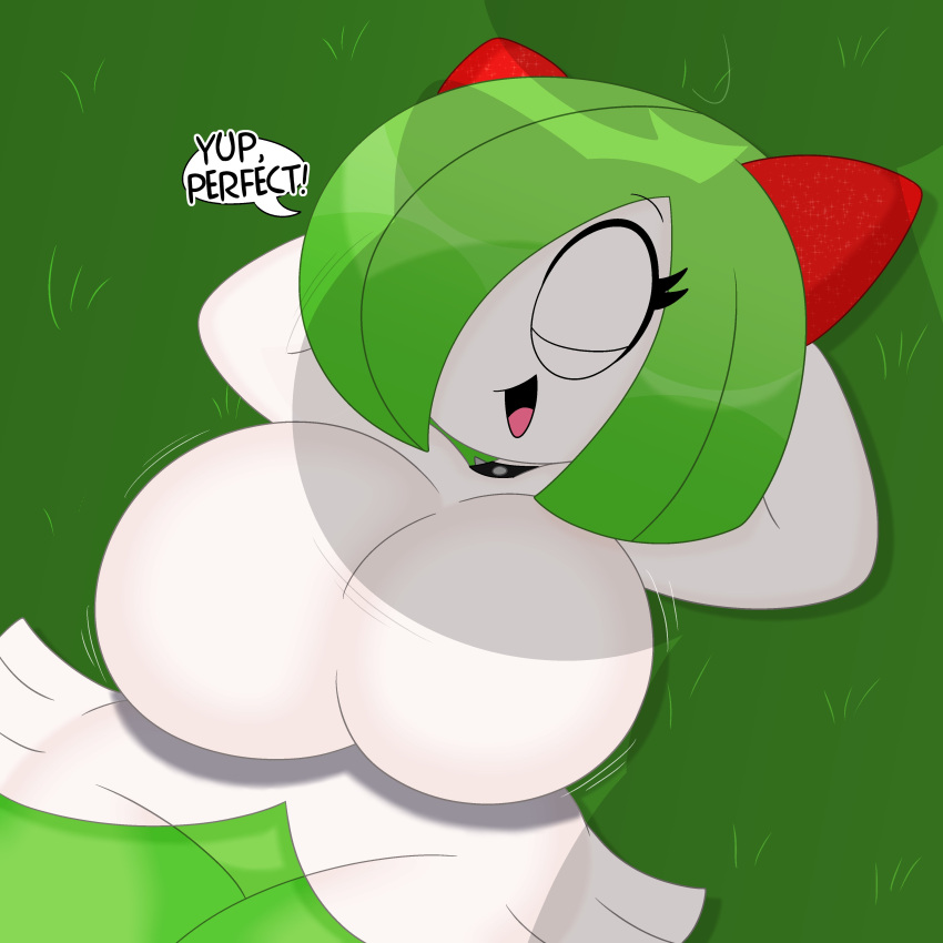 1:1 2024 3barts 4k absurd_res anthro big_breasts breasts clothing collar curvy_figure detailed_background dialogue digital_drawing_(artwork) digital_media_(artwork) dress english_text eyelashes eyes_closed female generation_3_pokemon grass green_hair hair hair_over_eye hands_behind_head hi_res huge_breasts huge_thighs kirlia lying motion_lines nintendo on_back one_eye_obstructed open_mouth open_smile outside plant pokemon pokemon_(species) shadow smile solo spiked_collar spikes text thick_thighs vanessa_(3barts) voluptuous white_body white_skin wide_hips