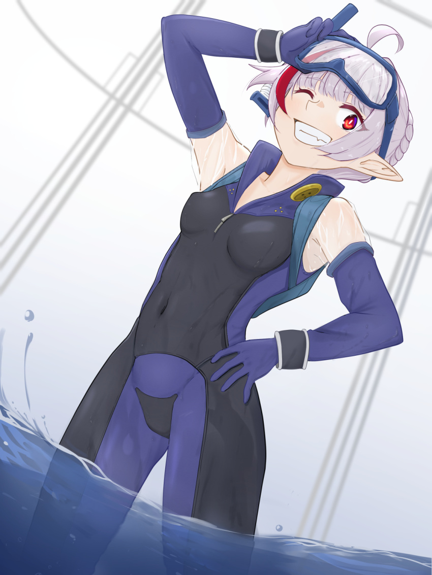 1girl adjusting_eyewear ahoge armpit_peek backpack bag black_gloves black_wetsuit blue_bag blue_bodysuit blue_gloves blue_wetsuit bodysuit braid breasts collar covered_navel covered_nipples cowboy_shot crim destiny_unchain_online:_kyuuketsuki_shoujo_to_natte_yagate_aka_no_maou_to_yobareru_you_ni_narimashita diving_mask diving_mask_on_head diving_suit fang french_braid gloves goggles goggles_on_head hand_on_own_hip highres looking_at_viewer multicolored_hair niiz one_eye_closed open_bodysuit open_clothes open_wetsuit pointy_ears red_eyes see-through see-through_sleeves sharp_teeth short_hair simple_background skin_tight small_breasts smile snorkel snorkel_mask solo springsuit streaked_hair teeth two-tone_bodysuit unzipped wading wetsuit white_bodysuit white_hair zipper zipper_pull_tab