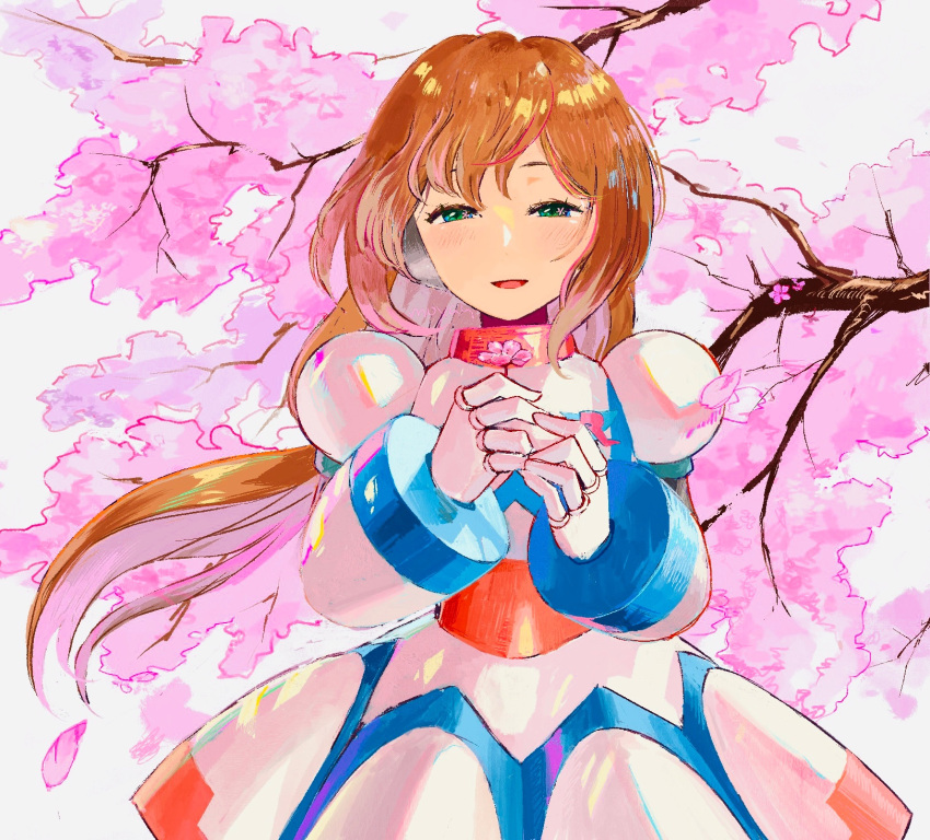 1girl armor blush brown_hair cairngorm999 cherry_blossoms dress falling_petals flower green_eyes highres holding holding_flower iris_(mega_man) long_hair mega_man_(series) mega_man_x_(series) mega_man_xtreme_2 official_alternate_color official_alternate_costume petals solo tree upper_body white_background white_dress