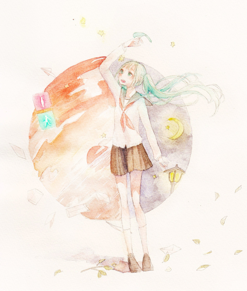 1girl absurdres aqua_eyes aqua_hair arm_up bird bird_on_hand commentary_request crescent_moon falling_leaves green_eyes hatsune_miku highres lamppost leaf loafers long_hair moon open_mouth painting_(medium) school_uniform serafuku shizumi_(saluck) shoes skirt socks solo star_(symbol) traditional_media traffic_light twintails vocaloid watercolor_(medium)