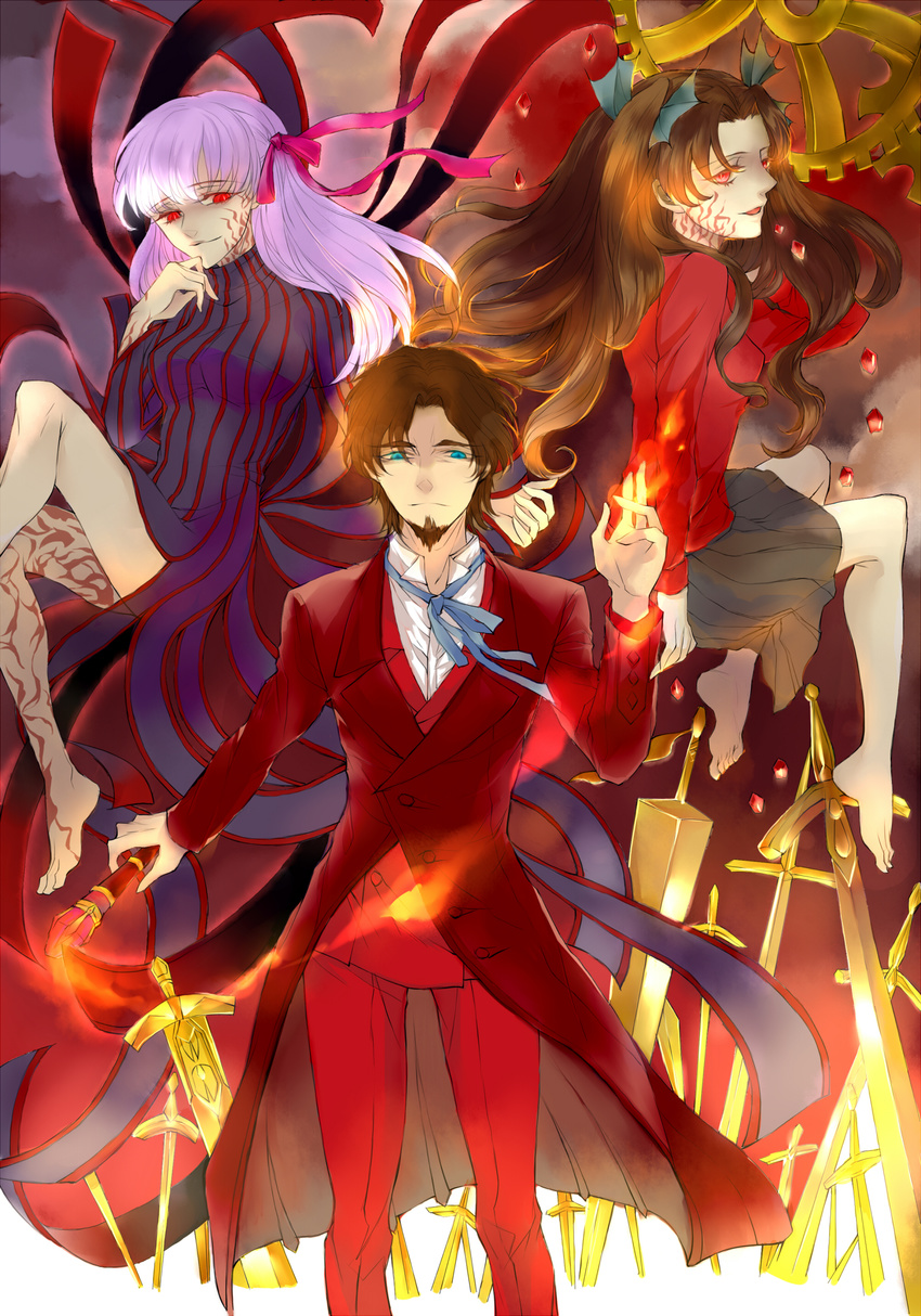 absurdres barefoot blue_eyes breasts brown_hair dark_persona dark_sakura facial_hair fate/stay_night fate/zero fate_(series) field_of_blades fire gears gem goatee hair_ribbon highres juize long_coat long_hair matou_sakura planted_sword planted_weapon purple_hair red_eyes ribbon staff sword toosaka_tokiomi two_side_up weapon white_hair