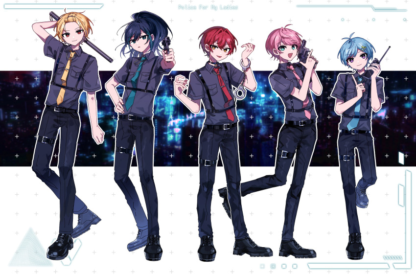 5boys :d :p aiming aiming_at_viewer antenna_hair arm_behind_head bangs_pinned_back baton_(weapon) belt belt_buckle black_belt black_choker black_footwear black_hair black_jacket black_pants blonde_hair blue_hair blue_necktie breast_pocket buckle choker city closed_mouth collar_chain_(jewelry) cowboy_shot cross-laced_footwear crossed_bangs cuffed cuffs danjou_sora english_text finger_on_trigger full_body green_eyes green_hair green_necktie gun hair_between_eyes hair_intakes hair_ornament hairclip hand_on_own_hip hand_up handcuffs harness highres holding holding_baton_(weapon) holding_gun holding_weapon index_finger_raised jacket knight_a leaf_hair_ornament long_hair mahito_(utaite) male_focus multicolored_hair multiple_boys necktie official_art outline pants parted_lips pendant_choker pink_hair pink_necktie pocket police police_uniform policeman ponytail purple_eyes red_eyes red_hair red_necktie revolver shiyun_(utaite) shoes short_hair short_sleeves smile soma_(utaite) standing standing_on_one_leg streaked_hair swept_bangs teruto_(utaite) thigh_belt thigh_strap tie_clip tongue tongue_out trigger_discipline uniform utaite vau_(utaite) walkie-talkie weapon white_background white_outline yellow_eyes yellow_necktie