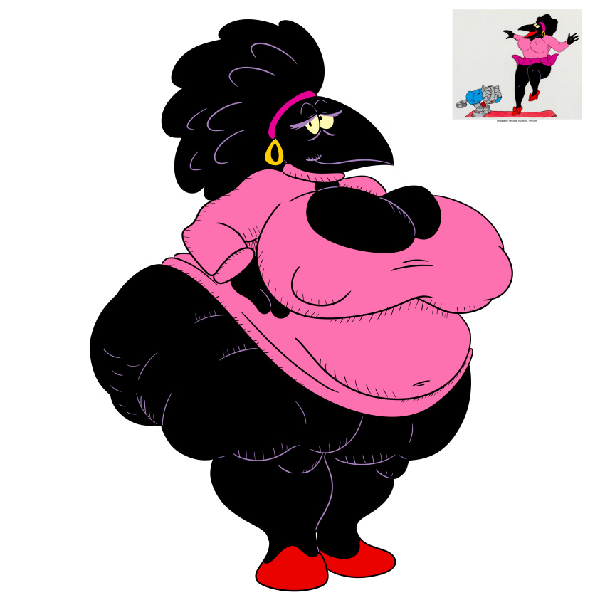 absurd_res accessory afro anthro avian bertha_(fritz) big_breasts big_butt bird breasts butt cellulite clothed clothing corvid corvus_(genus) crow ear_piercing ear_ring female headband hi_res huge_breasts huge_butt humanoid nipple_outline oscine overweight overweight_anthro overweight_female passerine piercing possbooty ring_piercing solo sweater topwear