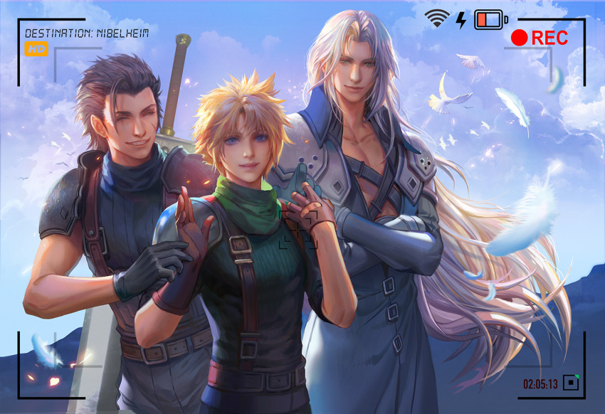 3boys armor asymmetrical_gloves belt bird black_coat black_gloves black_hair black_pants blonde_hair blue_eyes blue_sky blue_sweater buster_sword chest_strap closed_eyes cloud cloud_strife cloudy_sky coat commentary cross_scar crossed_arms elbow_gloves english_commentary english_text falling_feathers fan_yang_(jiuge) feathers final_fantasy final_fantasy_vii final_fantasy_vii_remake gloves green_eyes green_scarf grey_hair grin hair_slicked_back hand_on_another's_wrist hand_up hands_up happy high_collar leather_belt light_particles long_coat long_hair long_sleeves looking_at_another looking_at_viewer male_focus mountainous_horizon multiple_belts multiple_boys open_clothes open_coat pants parted_bangs pauldrons scar scar_on_face scarf sephiroth short_hair shoulder_armor sky sleeveless sleeveless_sweater sleeveless_turtleneck sleeves_rolled_up smile standing suspenders sweater sword sword_on_back turtleneck turtleneck_sweater upper_body very_long_hair viewfinder weapon weapon_on_back white_bird white_feathers wind zack_fair