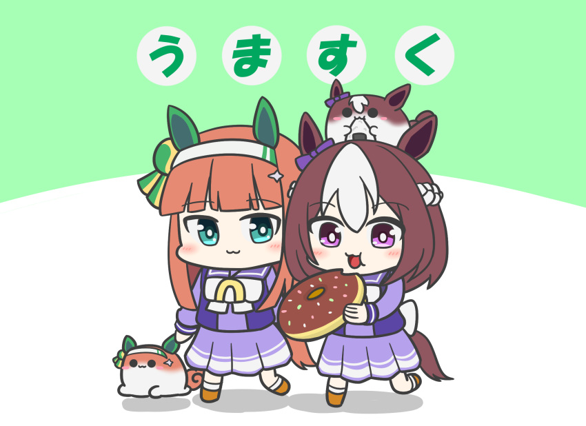 2girls :3 animal_ears aqua_eyes assist_(2828) blunt_bangs blunt_tresses blush_stickers bow bowtie braid bright_pupils brown_footwear brown_hair chibi commentary creature doughnut ear_bow ear_covers eating food french_braid green_background hair_between_eyes hair_ornament hairband highres holding holding_food horse_ears horse_girl horse_tail long_hair long_sleeves medium_hair multicolored_hair multiple_girls onigiri orange_hair oversized_food oversized_object pac-man_eyes pleated_skirt purple_bow purple_eyes purple_sailor_collar purple_skirt sailor_collar sailor_shirt school_uniform shadow shirt sidelocks silence_suzuka_(umamusume) skirt special_week_(umamusume) sprinkles striped_clothes striped_hairband sukusuku_hakutaku tail tracen_school_uniform translated two-tone_background two-tone_hair umamusume waist_bow walking white_background white_bow white_bowtie white_hair white_hairband winter_uniform