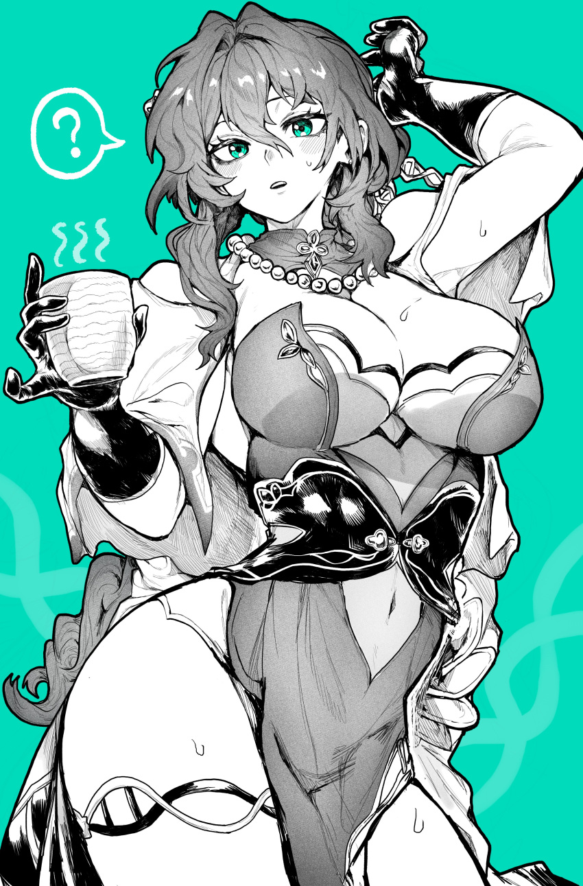 ? absurdres arm_up blush breasts cleavage clothing_cutout cup dna dress embroidery gloves green_background green_eyes greyscale hair_between_eyes highres holding holding_cup honkai:_star_rail honkai_(series) jewelry large_breasts long_hair looking_at_viewer monochrome navel necklace parted_lips pearl_necklace ruan_mei_(honkai:_star_rail) shawl shoulder_cutout sidelocks sweat thigh_strap thighs wide_hips yotsumi_shiro