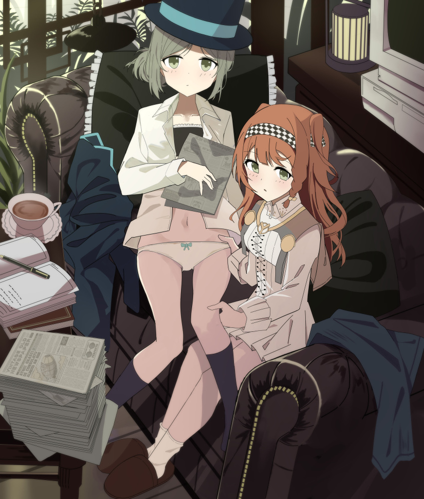 2girls absurdres black_hat black_socks blush bow bow_panties braid checkered_hairband closed_mouth coat collared_shirt commentary_request computer couch cup dress green_eyes green_hair hair_bun hand_on_another's_leg hand_on_another's_waist hat heat_lamp highres holding holding_newspaper indoors long_sleeves multiple_girls newspaper on_couch open_clothes open_shirt orange_hair panties pants parted_lips pen reverse:1999 saucer shirt side_braid single_side_bun sitting socks soha_(sirohase) sonetto_(reverse:1999) teacup top_hat two_side_up underwear unworn_coat unworn_pants vertin_(reverse:1999) white_dress white_panties white_shirt white_socks yuri