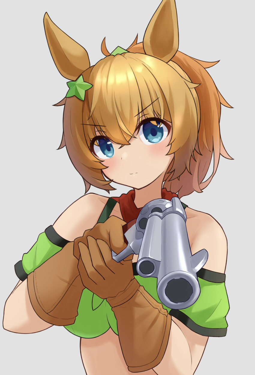 1girl animal_ears armband bandana bare_shoulders blue_eyes breasts brown_gloves brown_hair cleavage commentary_request finger_on_trigger gloves green_armband gun hair_between_eyes hair_ornament highres holding holding_gun holding_weapon horse_ears horse_girl large_breasts long_hair looking_at_viewer ponytail red_bandana revolver simple_background smile solo star_(symbol) star_hair_ornament taiki_shuttle_(umamusume) umamusume upper_body v-shaped_eyebrows weapon white_background yamada_(c57hikaru)