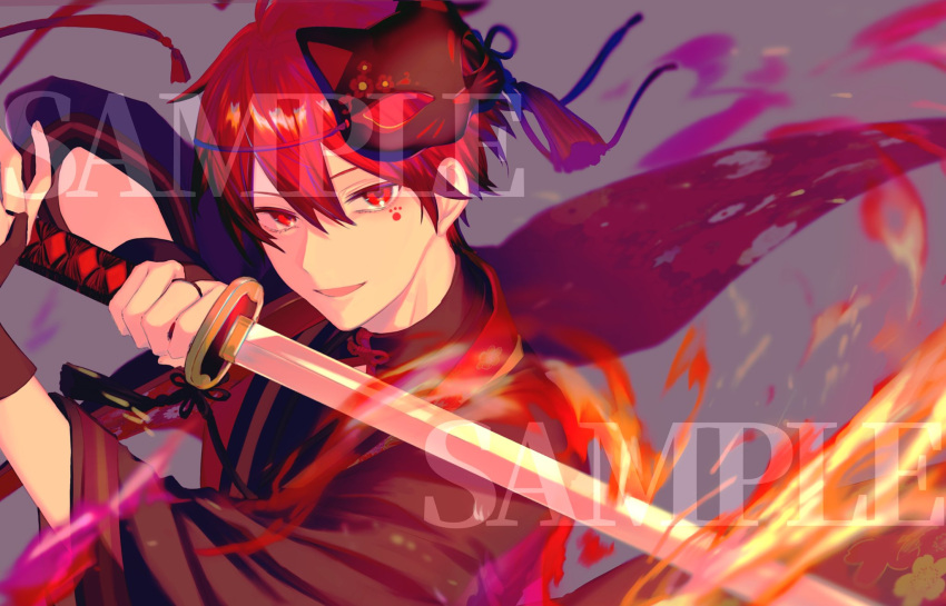 1boy a-lun_(utaite) black_bridal_gauntlets black_kimono black_shirt bridal_gauntlets facing_viewer flaming_sword flaming_weapon floral_print fox_mask grey_background hair_between_eyes highres holding holding_sword holding_weapon japanese_clothes kaguya13_ils katana kimono looking_at_viewer male_focus mask mask_on_head official_art parted_lips paw_print_tattoo prince_kingdom red_eyes red_hair sample_watermark shirt short_hair simple_background smile solo sword tassel upper_body utaite watermark weapon wide_sleeves