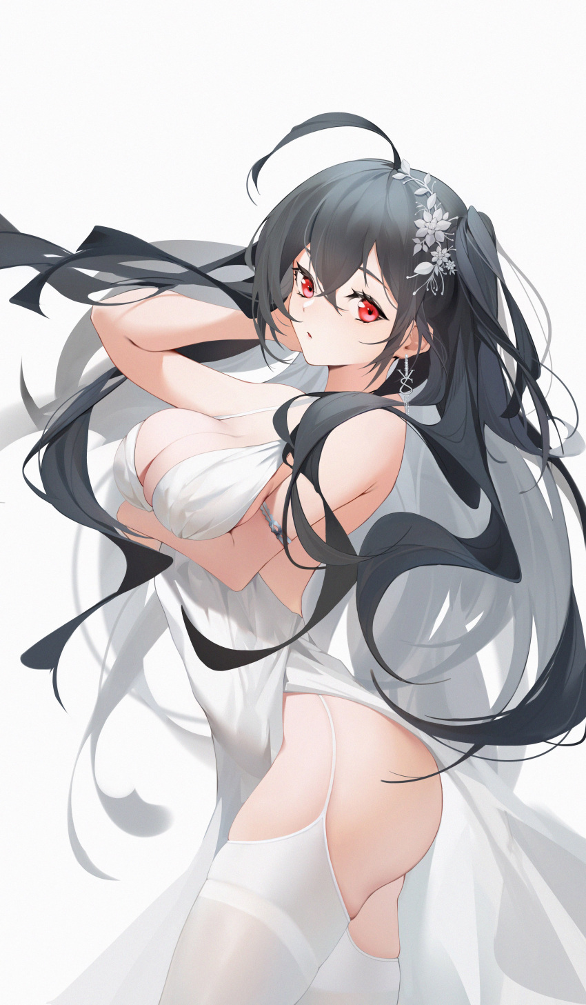 1girl absurdres ahoge ass azur_lane bare_shoulders black_hair breast_hold breasts chinese_commentary cleavage closed_mouth contrapposto dress expressionless flower hair_between_eyes hair_flower hair_ornament highres large_breasts looking_at_viewer official_alternate_costume red_eyes simple_background solo taihou_(azur_lane) taihou_(temptation_on_the_sea_breeze)_(azur_lane) thighhighs uthspsk white_background white_dress white_thighhighs