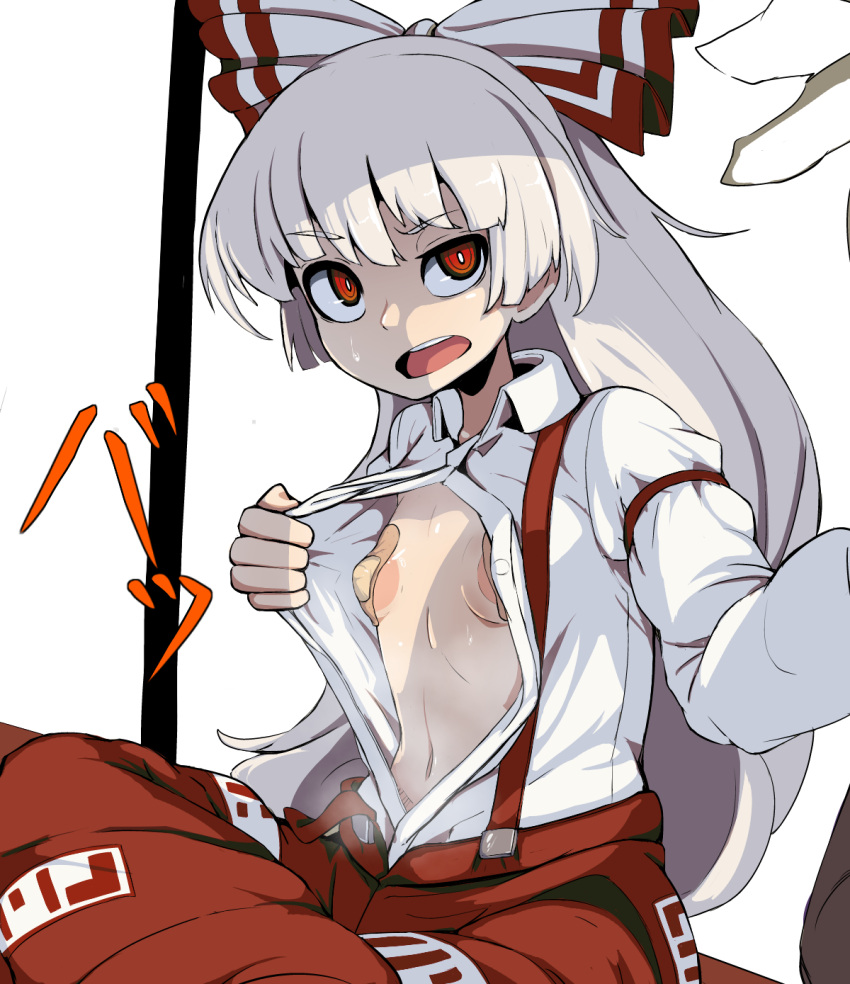 1girl areola_slip armband baggy_pants bandaid bandaids_on_nipples bow breasts bright_pupils buttons collared_shirt commentary_request covered_nipples epic_armageddon flashing fujiwara_no_mokou grey_hair hair_bow highres long_hair long_sleeves looking_at_another navel ofuda ofuda_on_clothes open_mouth pale_skin pants partially_unbuttoned pasties raised_eyebrow red_eyes red_pants ringed_eyes shirt sitting small_breasts solo_focus sound_effects stomach suspenders sweat touhou translation_request very_long_hair white_pupils white_shirt wing_collar