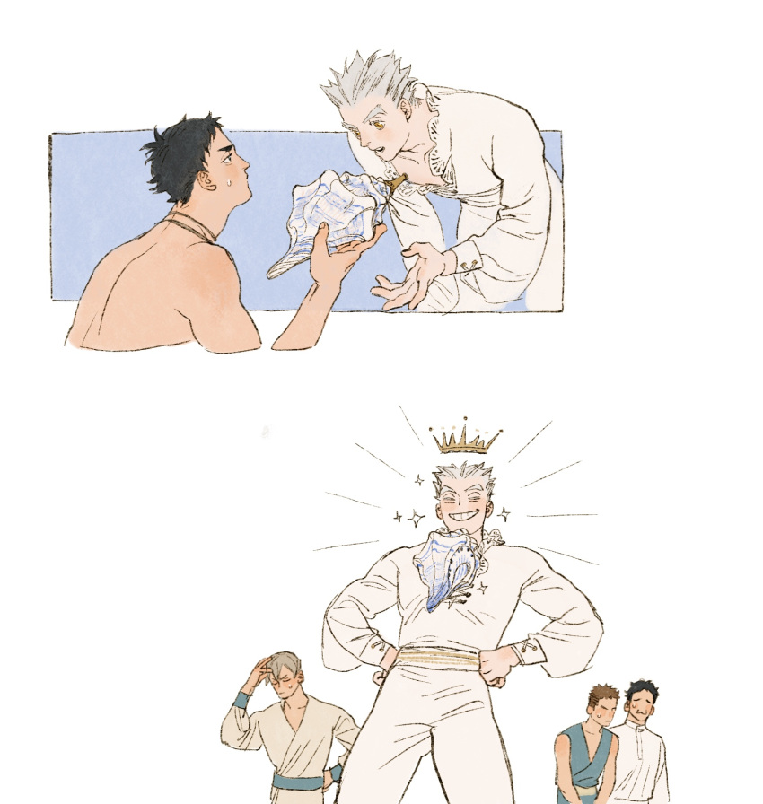 5boys akaashi_keiji black_eyes black_hair bokuto_koutarou chengongzi123 closed_eyes closed_mouth conch cropped_torso english_commentary floating_crown giving grey_hair grin haikyuu!! hand_on_own_head hand_up hands_on_own_hips highres holding komi_haruki konoha_akinori long_sleeves looking_at_another male_focus multiple_boys multiple_views open_mouth pants puffy_long_sleeves puffy_sleeves sarukui_yamato shirt short_hair simple_background smile sparkling_aura standing thick_eyebrows very_short_hair white_background white_pants white_shirt yellow_eyes