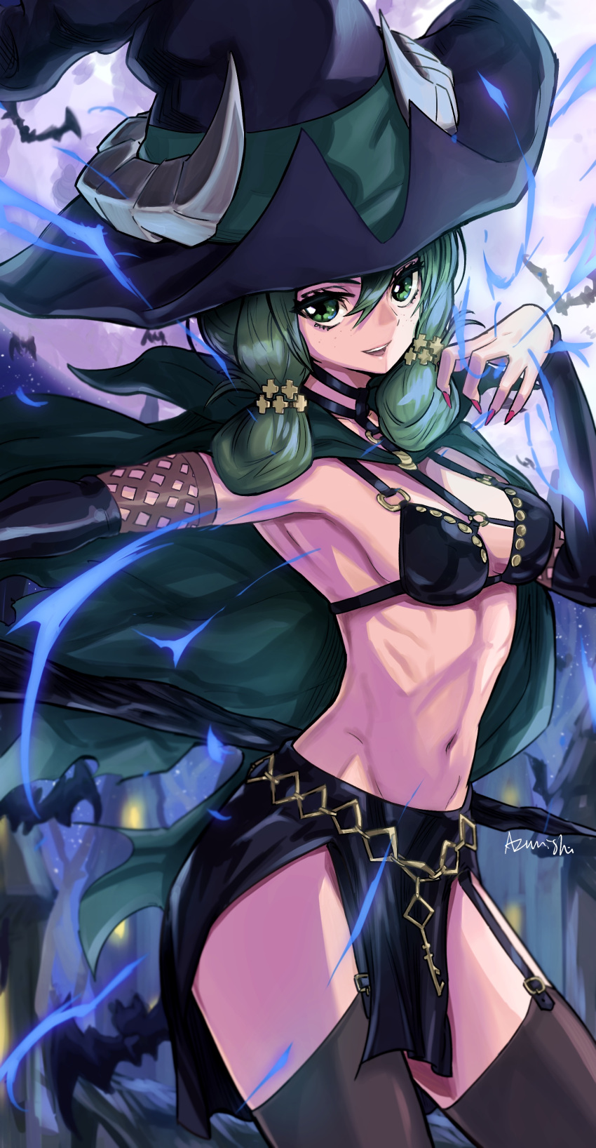 1girl absurdres bat_(animal) black_thighhighs breasts cleavage cloak fake_horns from_side green_cloak green_eyes green_hair hat highres horned_hat horns long_hair looking_at_viewer magic navel o-ring red_nails ribs rooru_kyaabetsu side_slit signature skirt smile solo standing thick_eyelashes thighhighs toned unicorn_overlord witch witch_hat yahna