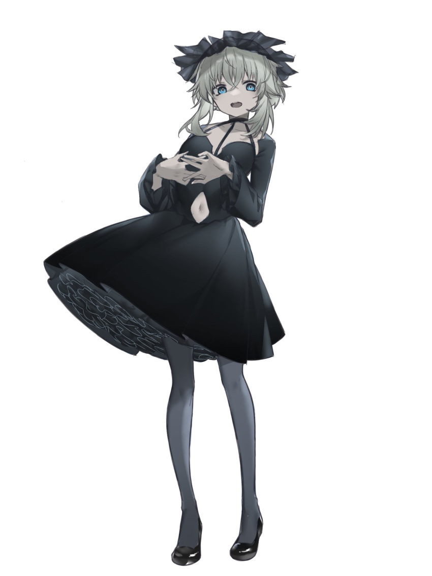 1girl am_isuel black_dress blue_eyes clothing_cutout dress full_body grey_hair grey_pantyhose high_heels highres layered_dress looking_at_viewer navel navel_cutout open_mouth own_hands_together pantyhose rance_(series) rance_10 simple_background smile solo white_background yononaka