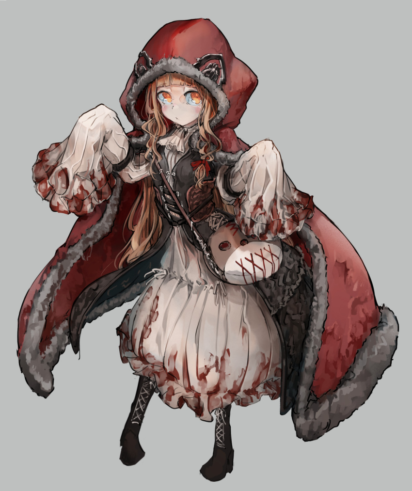 1girl arched_bangs ascot bag black_footwear blonde_hair blood blood_on_clothes boots cape cross-laced_footwear dress full_body fur-trimmed_cape fur_trim grey_background highres hood hood_up hooded_cape kajaneko lace-up_boots little_red_riding_hood little_red_riding_hood_(grimm) long_hair long_sleeves looking_at_viewer orange_eyes shoulder_bag simple_background sleeves_past_wrists solo standing tailcoat white_ascot white_dress