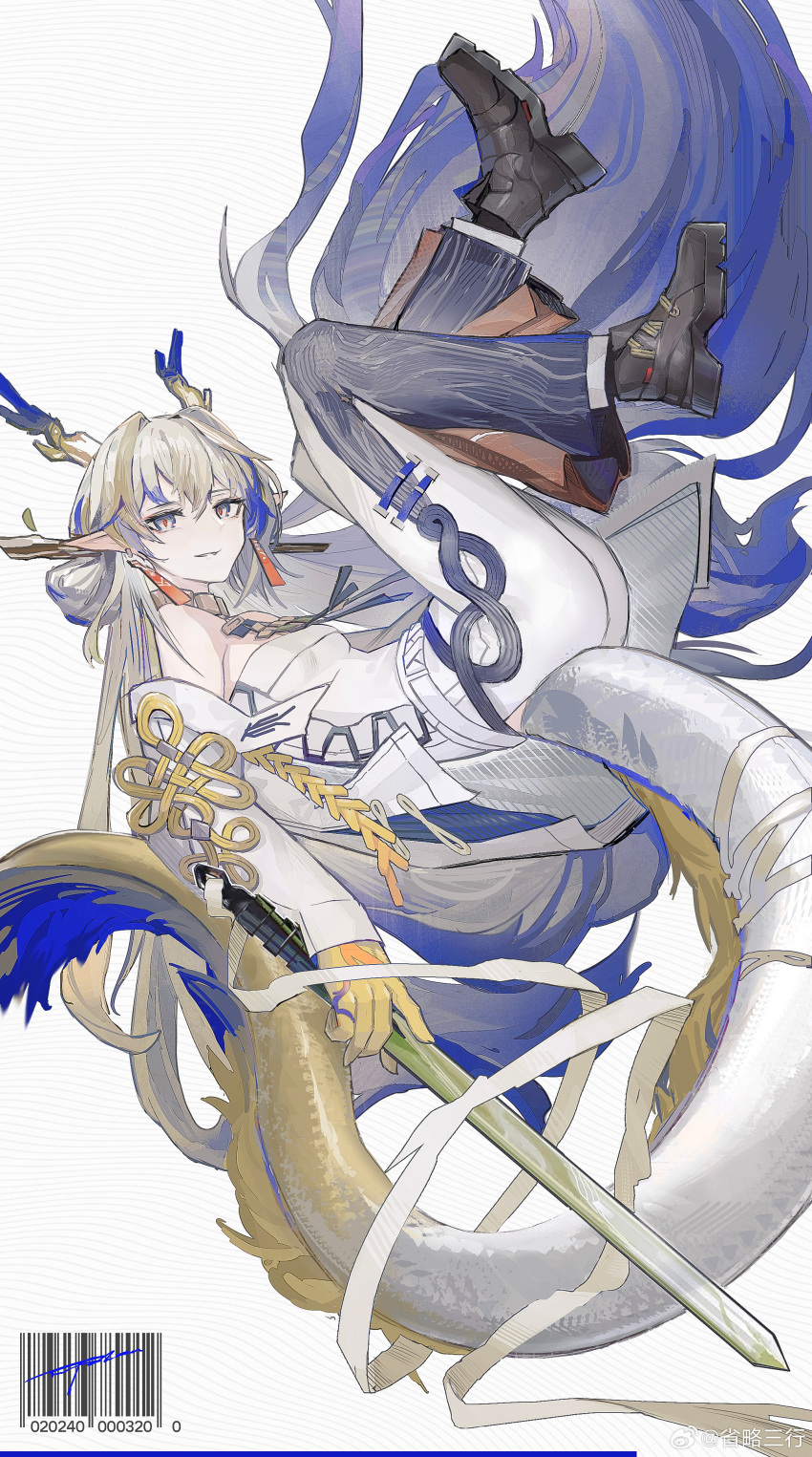 1girl absurdly_long_hair absurdres arknights barcode bare_shoulders belt black_footwear blue_eyes blue_hair blue_horns blue_tail brown_hair brown_horns chinese_commentary commentary_request dragon_girl dragon_horns dragon_tail earrings full_body grey_eyes grey_hair hair_between_eyes highres holding holding_sword holding_weapon horns jacket jewelry legs_up long_hair long_sleeves looking_at_viewer multicolored_hair necklace off_shoulder open_clothes open_jacket orange_pupils pants parted_lips pointy_ears shenglue_san_xing_(omit_3_lines) shoes shu_(arknights) solo strapless sword tail tube_top very_long_hair watermark weapon weibo_logo white_background white_belt white_horns white_jacket white_pants white_tail white_tube_top yellow_tail