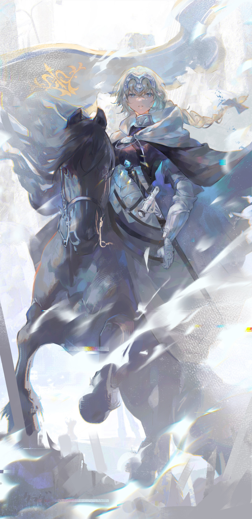 1girl absurdres animal black_cloak blonde_hair blue_eyes boobplate bow braid cloak crossed_bangs fate/grand_order fate_(series) flag floating_cape floating_hair from_side full_body gauntlets hair_bow headgear highres hood hood_down hooded_cloak horse horseback_riding jeanne_d'arc_(fate) jeanne_d'arc_(ruler)_(fate) kurage_(nai_chuanqi) looking_at_viewer parted_lips reins riding single_braid sitting solo sword torn_flag weapon