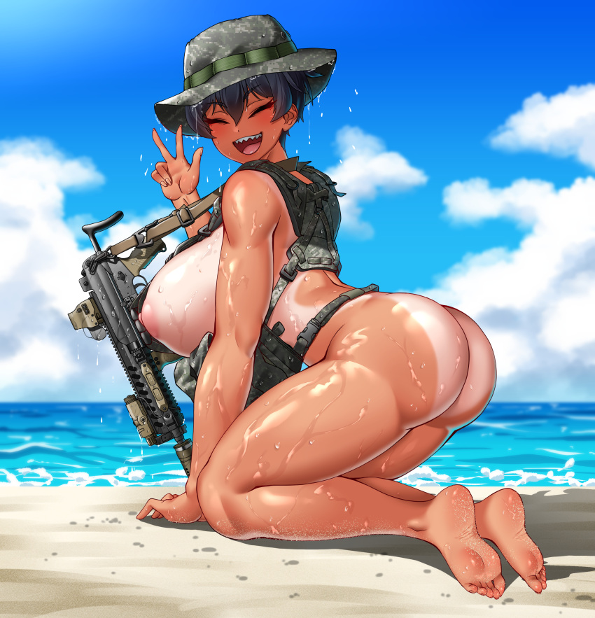 1girl absurdres all_fours ass assault_rifle beach black_hair blue_sky blush boonie_hat breasts camouflage camouflage_headwear closed_eyes cloud daewoo_k2 english_commentary from_side gun gun_sling hair_between_eyes highres hitch_(perotoss) huge_breasts load_bearing_vest nipples ocean open_mouth optical_sight original outdoors rifle sand sergeant_joo sharp_teeth short_hair sky smile soles solo suppressor tan tanlines teeth toes tomboy upper_teeth_only w weapon wet
