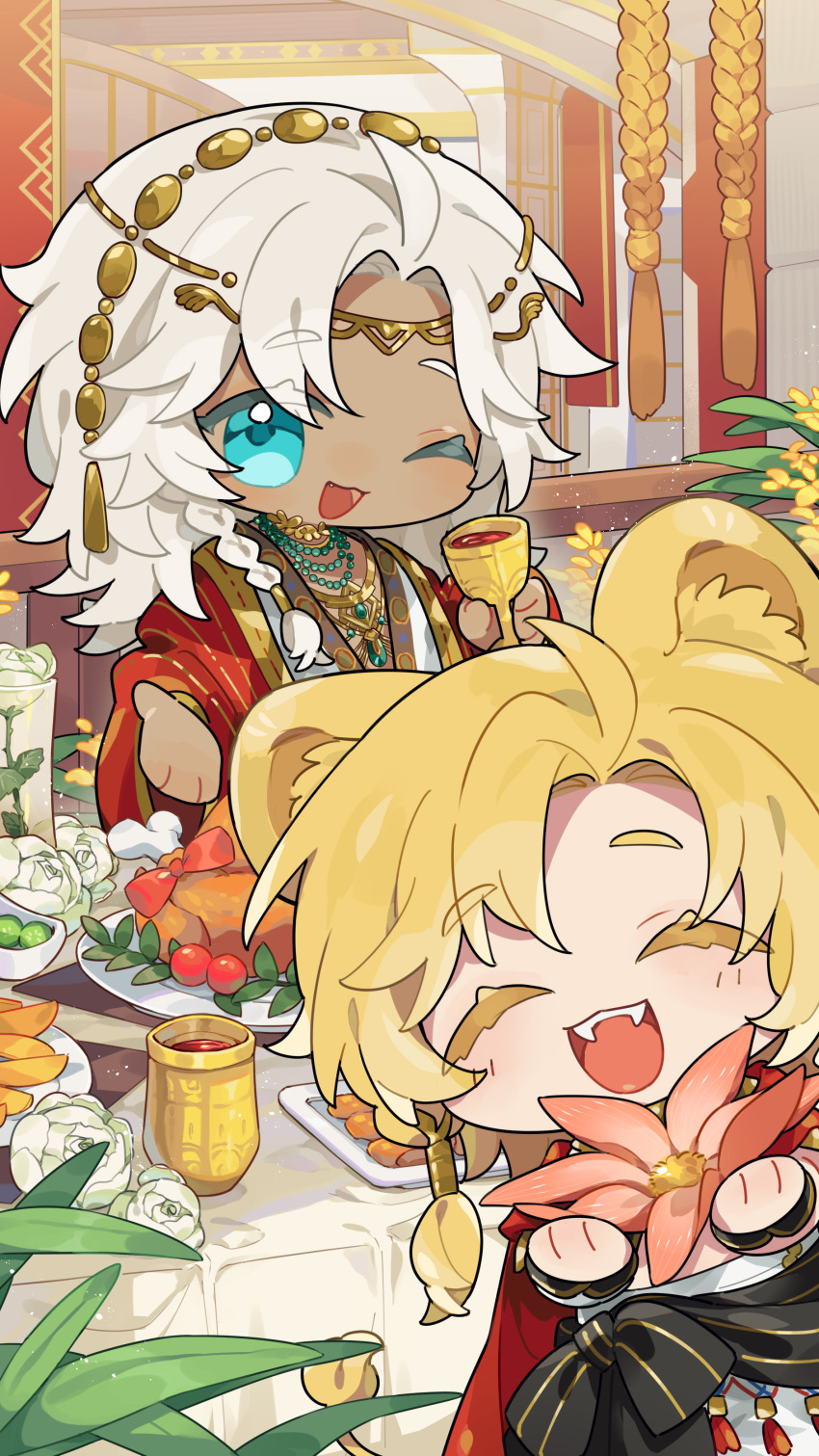 2boys :d ;d ^_^ absurdres alcohol animal_ears aqua_eyes bead_necklace beads beckoning black_sash blonde_hair braid cape chalice chibi chibi_only chicken_(food) circlet closed_eyes coat cup dagai_shi_ran_wang dark-skinned_male dark_skin dual_persona fangs flower food hair_tubes highres holding holding_cup holding_flower indoors jewelry lars_rorschach lion_boy lion_ears lion_tail long_hair long_sleeves looking_at_viewer lovebrush_chronicles male_focus multiple_boys necklace official_art one_eye_closed parted_bangs pink_flower plant plate red_cape red_coat robe rose sash short_hair side_braid smile table tablecloth tail upper_body white_flower white_hair white_robe white_rose wine yellow_flower