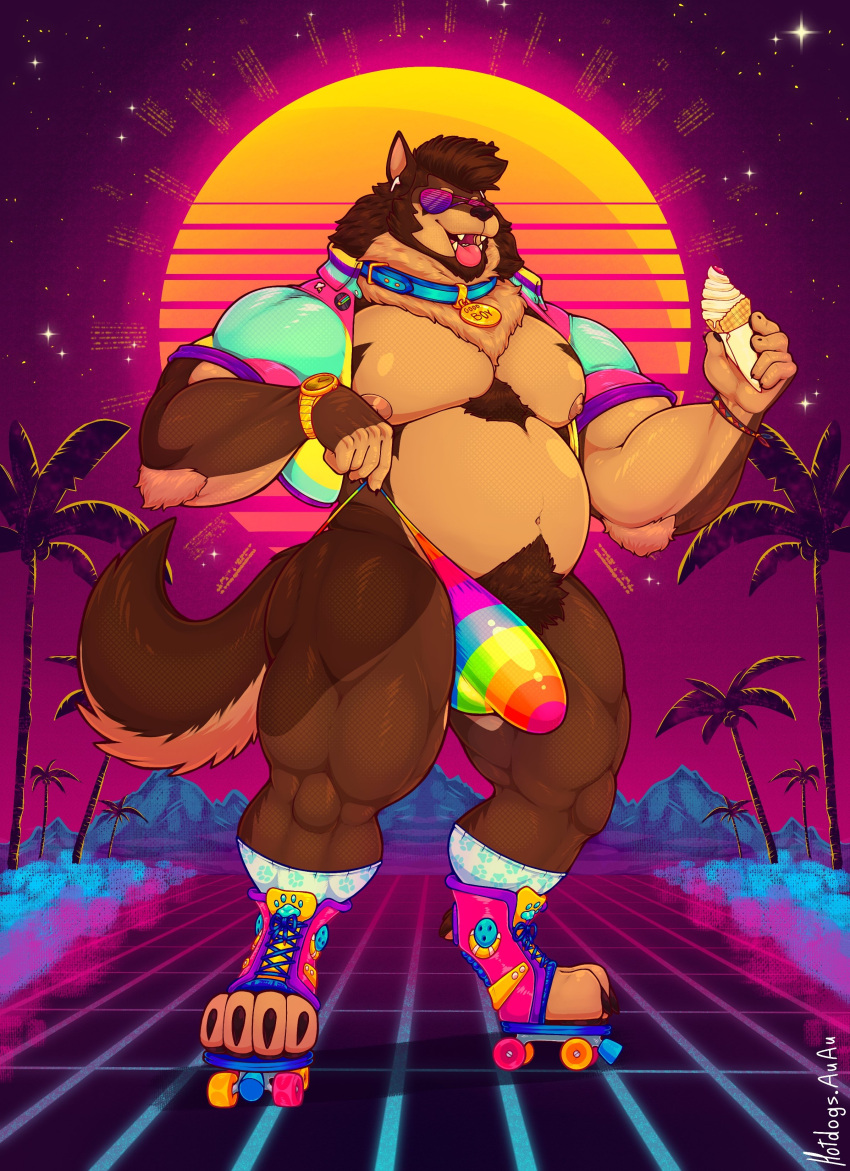 absurd_res airpods anthro arm_tuft brown_body brown_fur brown_hair bulge canid canine canis chest_tuft clock clothed clothing collar cropped_jacket digitigrade domestic_dog elbow_tuft eyewear fangs food fur hair hi_res hotdogsauau ice_cream_cone jacket male mammal muscle_tone musclegut muscular muscular_anthro muscular_male neck_tuft open_clothing open_jacket open_mouth open_smile open_topwear pecs pubes roller_skates smile solo strongfat sunglasses tan_body tan_fur teeth thong tongue tongue_out topwear tuft underwear vaporwave watch wristwatch