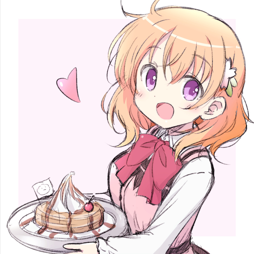 1girl :d blonde_hair bow bowtie collared_shirt gochuumon_wa_usagi_desu_ka? hair_between_eyes hair_ornament heart highres holding holding_plate hoto_cocoa long_hair long_sleeves looking_at_viewer na!_(na'mr) open_mouth pink_vest plate purple_eyes rabbit_house_uniform red_bow red_bowtie shirt sketch smile solo upper_body vest white_shirt wing_collar