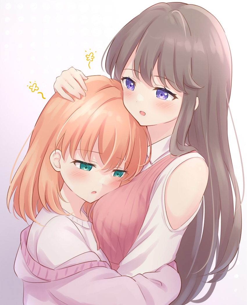 2girls :o absurdres between_breasts blush breasts brown_hair cardigan cardigan_partially_removed clothing_cutout collared_shirt commentary_request crossed_bangs face_between_breasts fujishima_megumi green_eyes hair_down half-closed_eyes hand_on_another's_head head_between_breasts headpat highres hinoshita_kaho hug large_breasts link!_like!_love_live! long_hair long_sleeves looking_at_another love_live! medium_hair multiple_girls open_mouth orange_hair pink_cardigan pink_sweater_vest purple_eyes shirt shoulder_cutout sidelocks simple_background soramizuki sweater_vest upper_body white_background white_shirt
