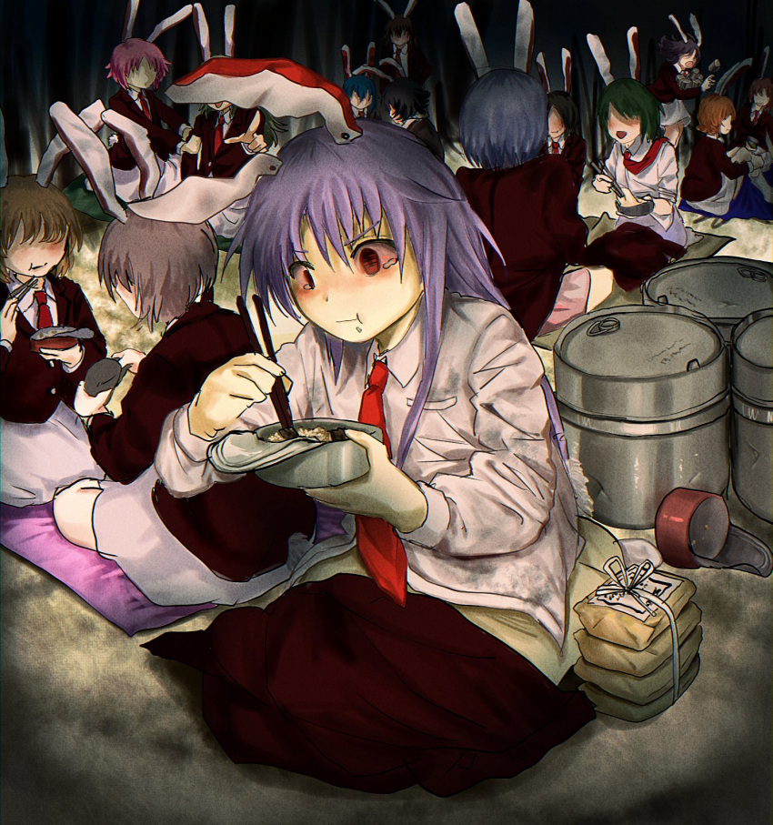 animal_ears black_hair blazer blue_hair blush brown_hair can canned_food chopsticks crowd dark_blue_hair dashed_eyes eating food food_on_face green_hair highres jacket light_blue_hair light_brown_hair multiple_girls necktie pink_hair purple_hair rabbit_ears rabbit_girl rabbit_tail red_eyes red_jacket red_necktie reisen_udongein_inaba rice rice_on_face seiza sitting tail tearing_up touhou yukine_0930