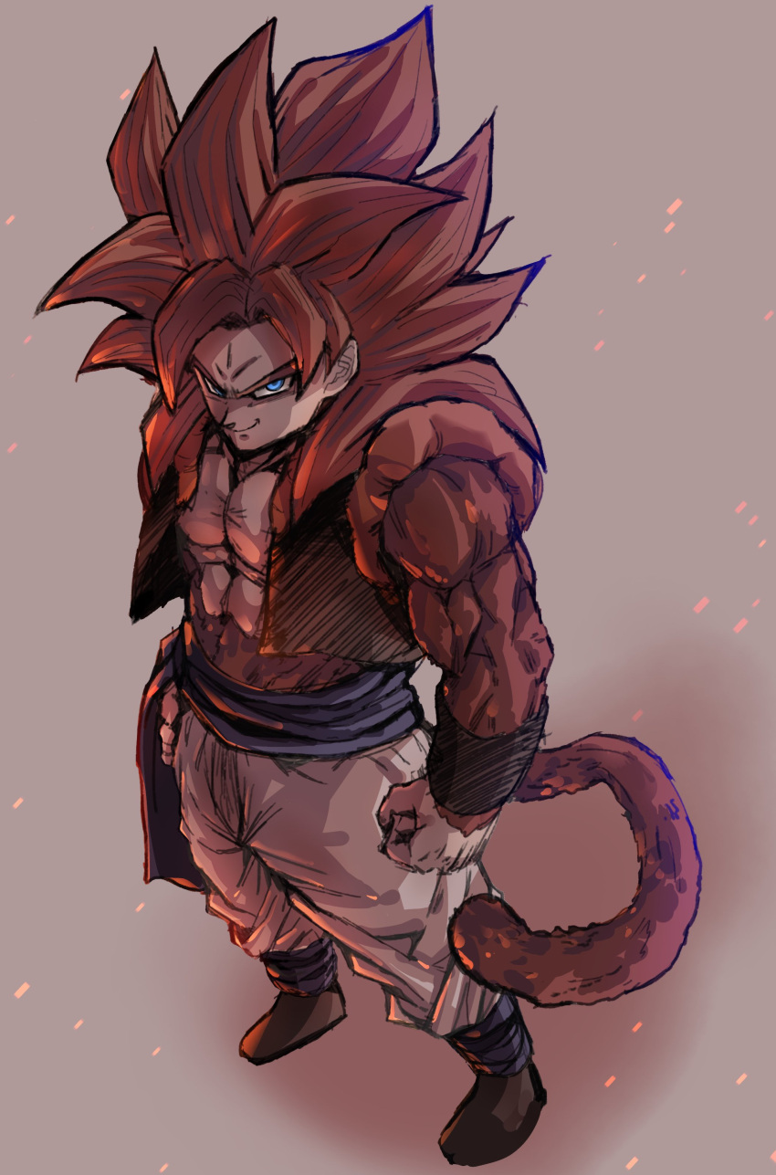 1boy absurdres black_vest blue_eyes blue_sash chiro_illust cropped_vest dragon_ball dragon_ball_gt from_above gogeta highres long_hair looking_at_viewer male_focus metamoran_vest monkey_tail muscular muscular_male pants red_hair sash solo super_saiyan super_saiyan_4 tail vest white_pants