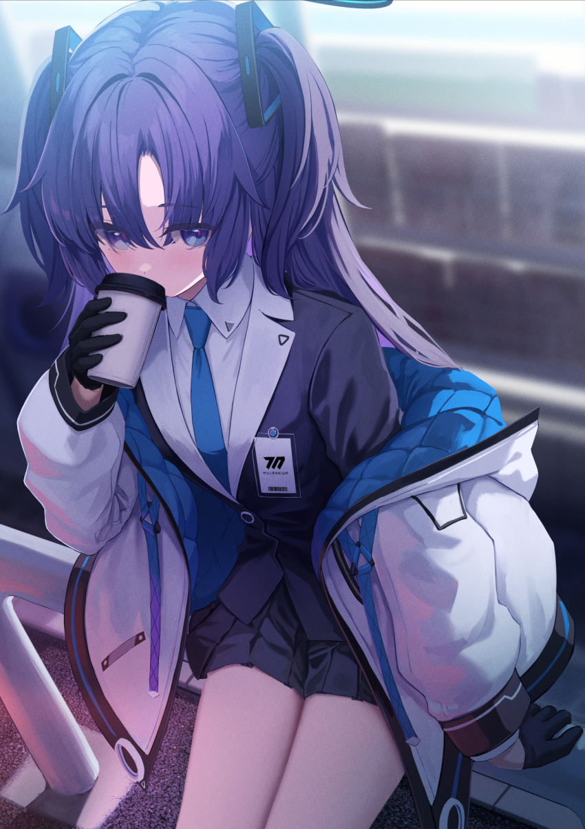 1girl black_gloves black_skirt blue_archive blue_necktie blush breasts coffee_cup collared_shirt cowboy_shot cup disposable_cup gloves hair_between_eyes halo highres holding holding_cup jacket long_hair long_sleeves looking_at_viewer mechanical_halo medium_breasts necktie open_clothes open_jacket pleated_skirt purple_eyes purple_hair shirt skirt solo suit takashima_shoa two-sided_fabric two-sided_jacket two_side_up white_jacket white_shirt yuuka_(blue_archive)