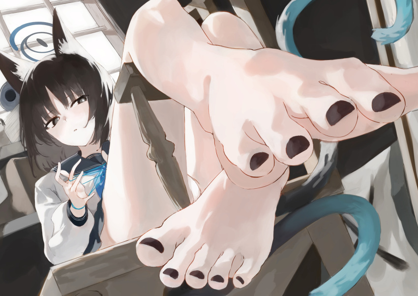 1girl absurdres animal_ear_fluff animal_ears bare_legs barefoot black_hair black_nails blue_archive blue_halo bright_pupils cat's_cradle cat_ears cat_tail commentary feet foot_focus foreshortening grey_eyes halo highres indoors kikyou_(blue_archive) knees_up legs long_sleeves looking_at_viewer medium_hair multiple_tails nail_polish on_chair panties partially_visible_vulva pop88715091pop sailor_collar solo tail thighs toenail_polish toenails toes two_tails underwear white_panties white_pupils