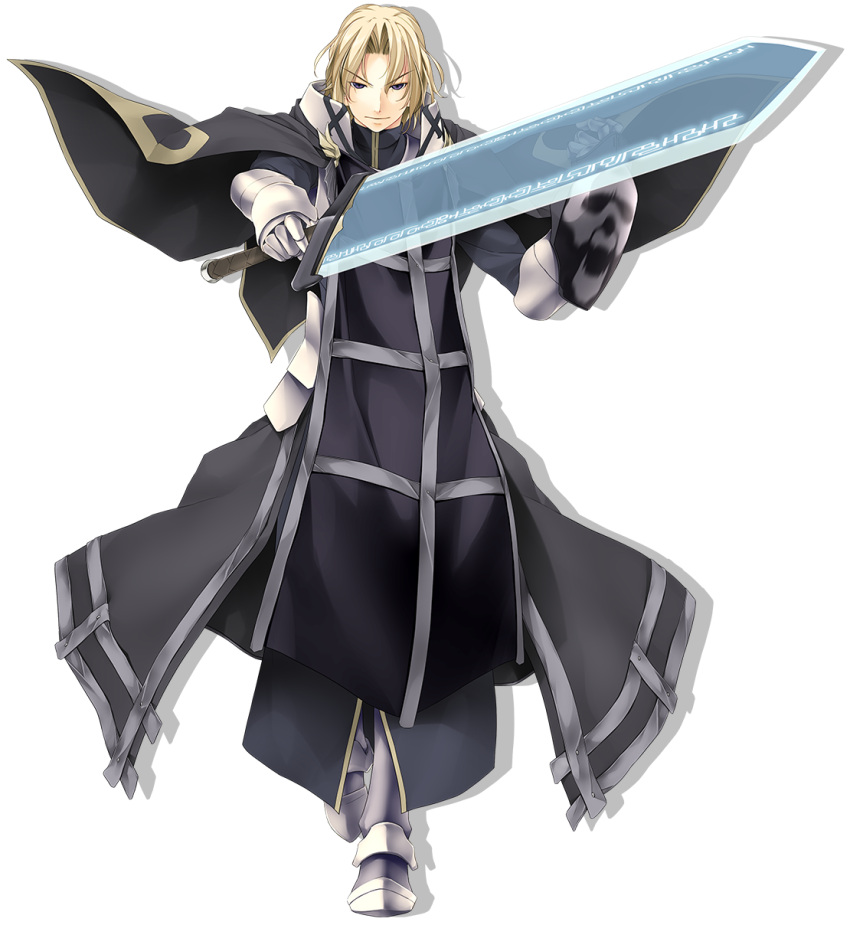 1boy armor armored_boots armored_gloves atelier-moo blonde_hair blue_eyes boots cloak closed_mouth curtained_hair full_body highres holding holding_sword holding_weapon knight looking_at_viewer parted_bangs short_hair solo standing sword transparent_background vasileus wavy_hair weapon wizards_symphony