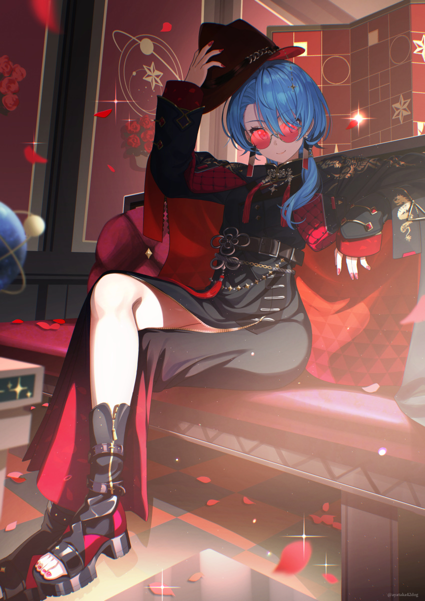 1girl absurdres ayataka blue_eyes blue_hair couch crossed_legs earrings fedora flower hat highres hololive hoshimachi_suisei hoshimachi_suisei_(8th_costume) jacket jacket_on_shoulders jewelry medium_hair nail_polish official_alternate_costume petals pink_nails ponytail red-tinted_eyewear rose side_slit sitting smile solo sunglasses tinted_eyewear toeless_footwear toenail_polish toenails virtual_youtuber