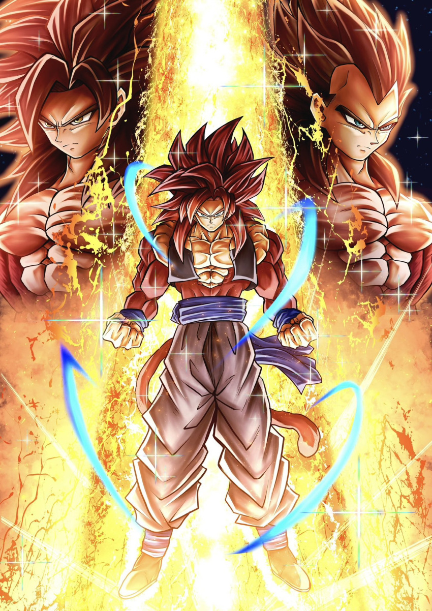 3boys aura black_ve blue_eyes blue_sash brown_hair cropped_vest dragon_ball dragon_ball_gt energy full_body highres long_hair metamoran_vest monkey_tail multiple_boys n_k0918 pants powering_up red_hair sash son_goku sparkle spiked_hair super_saiyan super_saiyan_4 tail topless_male upper_body veget vest white_pants yellow_eyes