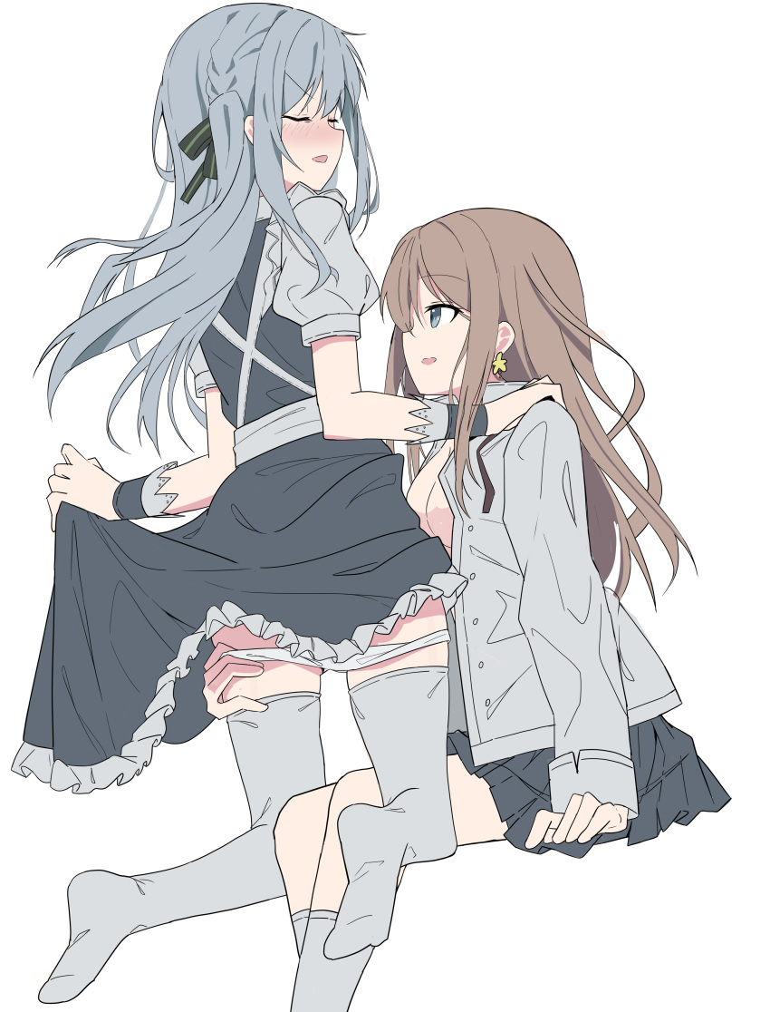 2girls absurdres bang_dream! bang_dream!_it's_mygo!!!!! black_dress black_ribbon black_skirt blue_hair blush brown_hair chinese_commentary closed_eyes commentary_request dress earrings grey_shirt grey_socks grey_thighhighs hair_ribbon hand_on_another's_shoulder hand_on_another's_thigh highres jewelry kneeling long_hair looking_at_another medium_hair multiple_girls nagasaki_soyo no_shoes open_clothes open_shirt panties panty_pull parted_lips pleated_skirt puffy_short_sleeves puffy_sleeves ribbon shirt short_sleeves simple_background sitting skirt socks soha_(sirohase) star_(symbol) star_earrings thighhighs togawa_sakiko underwear white_background white_panties wrist_cuffs yuri