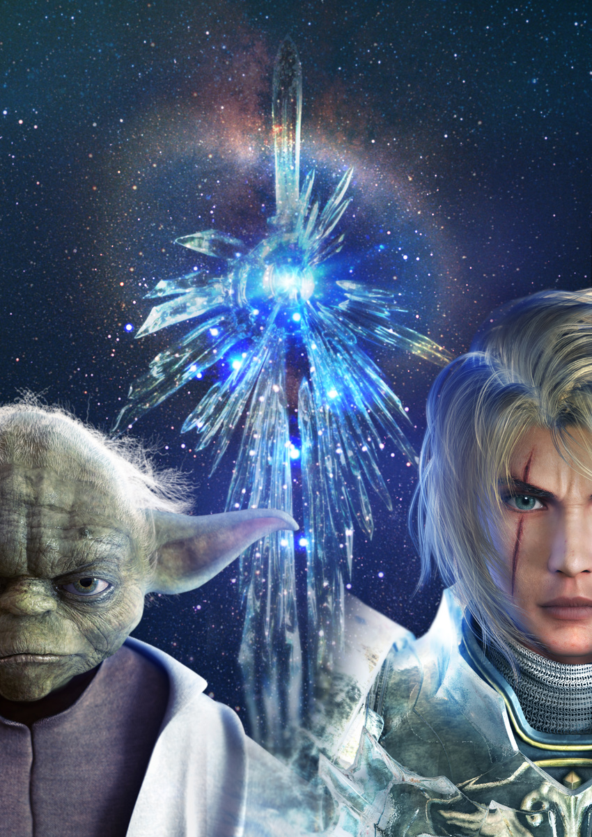 2boys absurdres alien green_skin highres male male_focus multiple_boys scar siegfried_schtauffen soul_calibur soul_calibur_(weapon) soul_calibur_iv soulcalibur_iv star_wars yoda