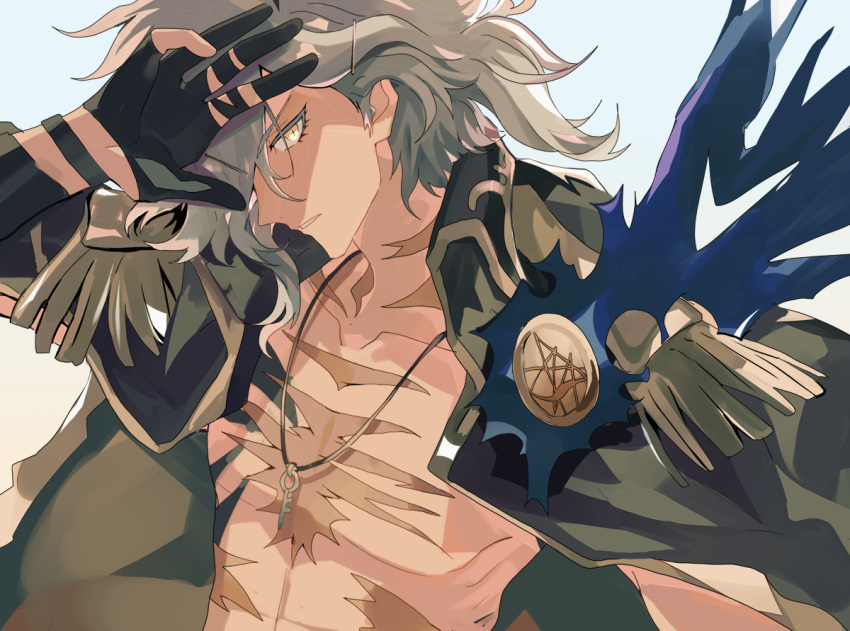 1boy black_gloves edmond_dantes_(fate) fate/grand_order fate_(series) from_side gloves grey_background grey_hair hair_over_one_eye hand_up jacket jacket_on_shoulders jewelry key key_necklace looking_at_viewer male_focus necklace parted_lips ptptprpr short_hair solo toned toned_male topless_male upper_body wavy_hair yellow_eyes