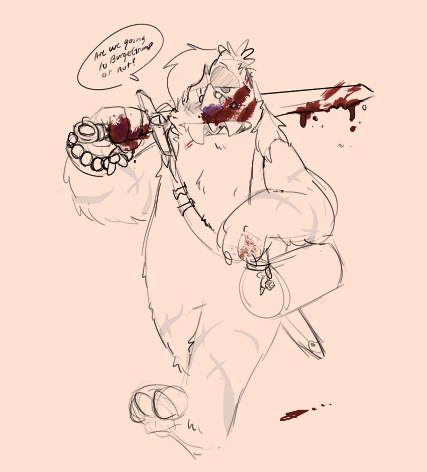 2022 after_murder anthro bag blood blood_on_face blood_on_finger blood_on_sword blood_on_weapon bodily_fluids bracelet bugsnax claws digital_media_(artwork) english_text facial_piercing fan_character fur grummy_gruncher_(shaibey) grumpus hair half-closed_eyes hi_res holding_melee_weapon holding_object holding_sword holding_weapon jewelry leg_scar looking_at_viewer melee_weapon narrowed_eyes nonbinary_(lore) nose_piercing piercing scar shaibey sharp_teeth solo speech_bubble sword sword_on_shoulder sword_sheath teeth text walking weapon young_horses