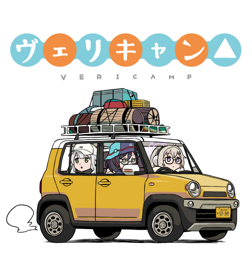 3girls absurdres ahoge blue_archive blunt_bangs bucket_hat car chihiro_(blue_archive) chihiro_(camp)_(blue_archive) commentary_request driving earmuffs glasses green_eyes grey_eyes grey_hair hair_between_eyes hair_ornament hairclip halo hare_(blue_archive) hare_(camp)_(blue_archive) hat highres jitome kotama_(blue_archive) kotama_(camp)_(blue_archive) long_hair long_sleeves motor_vehicle multiple_girls official_alternate_costume official_alternate_hairstyle parody ponytail purple_eyes semi-rimless_eyewear short_hair sidelocks simple_background steering_wheel suzuki_(company) suzuki_hustler triangle_mouth vehicle_focus washin white_background x_hair_ornament yurucamp