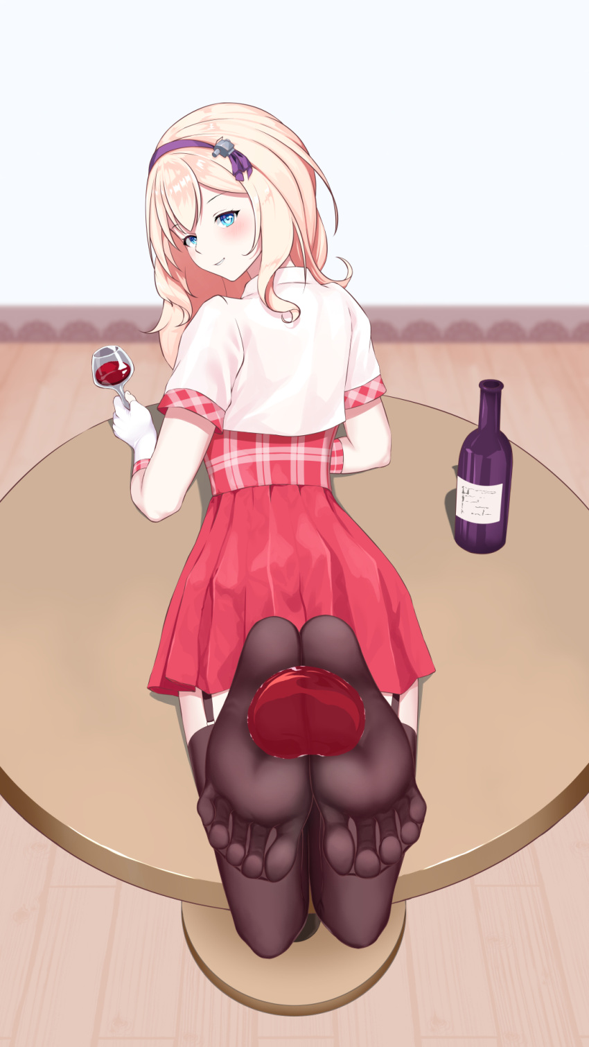 1girl alcohol azur_lane black_thighhighs blonde_hair blue_eyes blush bottle chinese_commentary closed_mouth commentary_request cup drinking_glass eyelashes feet feet_up foot_focus foreshortening from_behind full_body garter_straps gloves greek_toe hairband highres holding holding_with_feet indoors leander_(azur_lane) legs long_hair looking_at_viewer looking_back lying no_shoes on_stomach pleated_skirt red_skirt shirt short_sleeves skirt smile soles solo table thighhighs toes wcks0774 white_gloves white_shirt wine wine_bottle wine_glass wooden_floor