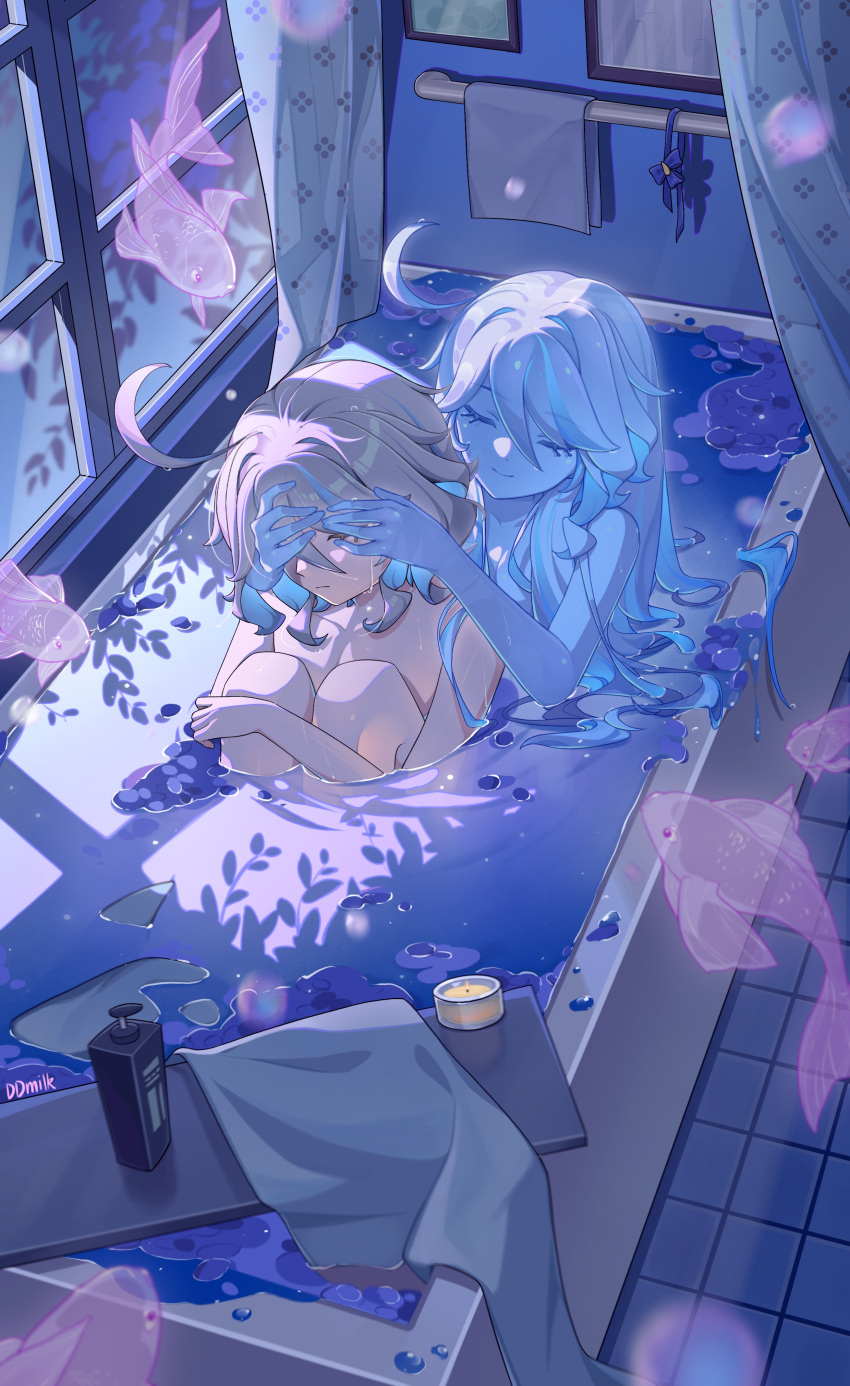 2girls absurdres ahoge bath bathing bathtub blue_hair closed_eyes closed_mouth completely_nude crying ddmilk fish focalors_(genshin_impact) furina_(genshin_impact) genshin_impact hair_between_eyes highres indoors long_hair multicolored_hair multiple_girls nude smile towel two-tone_hair water white_hair window