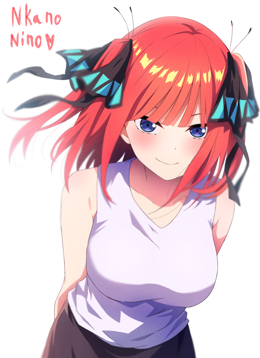 1girl arms_behind_back artistic_error bare_arms black_bow black_skirt blue_eyes bow breasts commission eyebrows_hidden_by_hair floating_hair go-toubun_no_hanayome hair_bow highres leaning_forward long_hair looking_at_viewer medium_breasts nakano_nino nuguri444 pixiv_commission red_hair shirt skirt sleeveless sleeveless_shirt solo standing twintails white_shirt