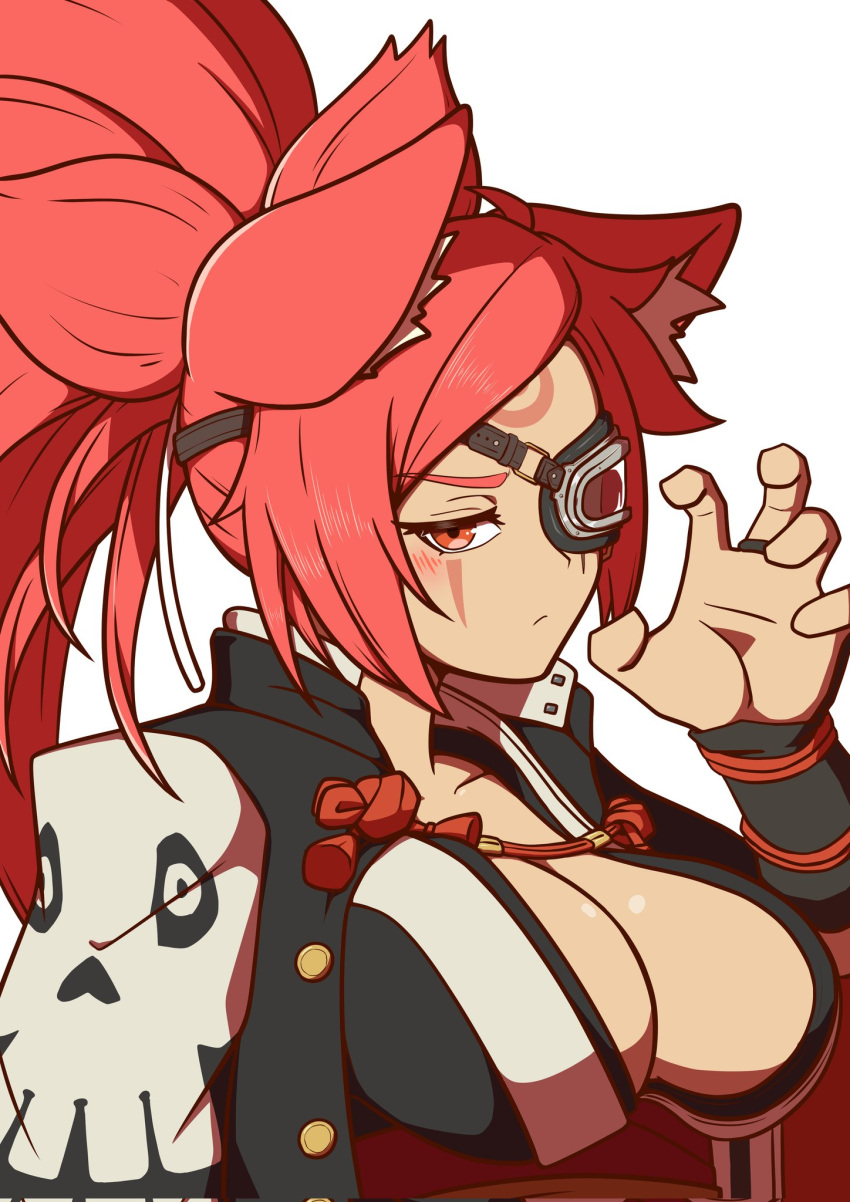 1girl animal_ear_fluff animal_ears baiken big_hair black_kimono breasts cat_ears cat_girl claw_pose cleavage eyepatch facial_tattoo guilty_gear guilty_gear_xrd highres japanese_clothes kimono large_breasts long_hair looking_at_viewer nirade44 one-eyed ponytail red_eyes red_hair samurai scar scar_across_eye skull_print tassel tattoo upper_body
