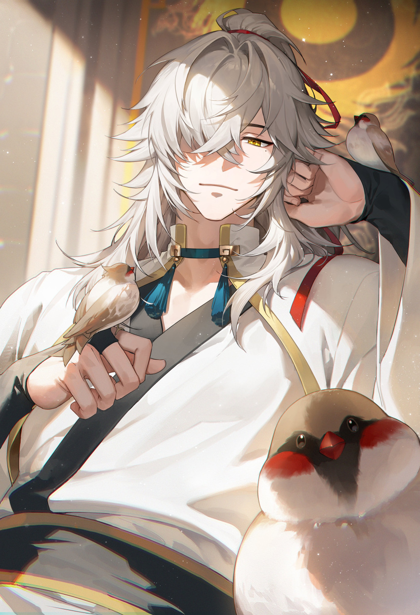 1boy absurdres ajrtkf44 alternate_costume arm_up bird bird_on_hand chinese_clothes hair_between_eyes hair_over_one_eye hair_ribbon hand_on_own_head highres honkai:_star_rail honkai_(series) jing_yuan light_smile long_hair long_sleeves male_focus mole mole_under_eye red_ribbon ribbon shirt sidelocks upper_body white_hair white_shirt yellow_eyes