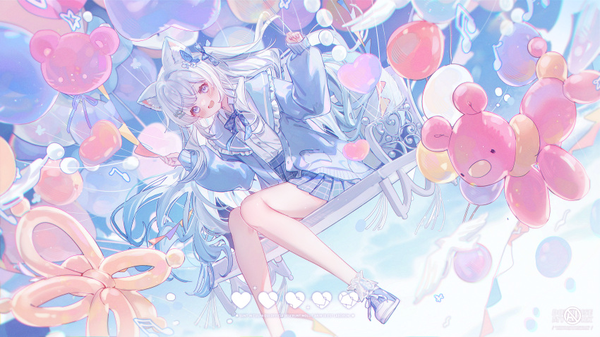 1girl animal_ears balloon balloon_animal bench blue_jacket blue_skirt blush broken_heart butterfly_hair_ornament cat_ears collared_shirt commission grey_hair hair_ornament head_tilt heart heart_balloon highres holding holding_balloon jacket long_hair long_sleeves looking_at_viewer midair original purple_eyes shirt sitting skirt solo translation_request umehara_sei variant_set very_long_hair white_shirt