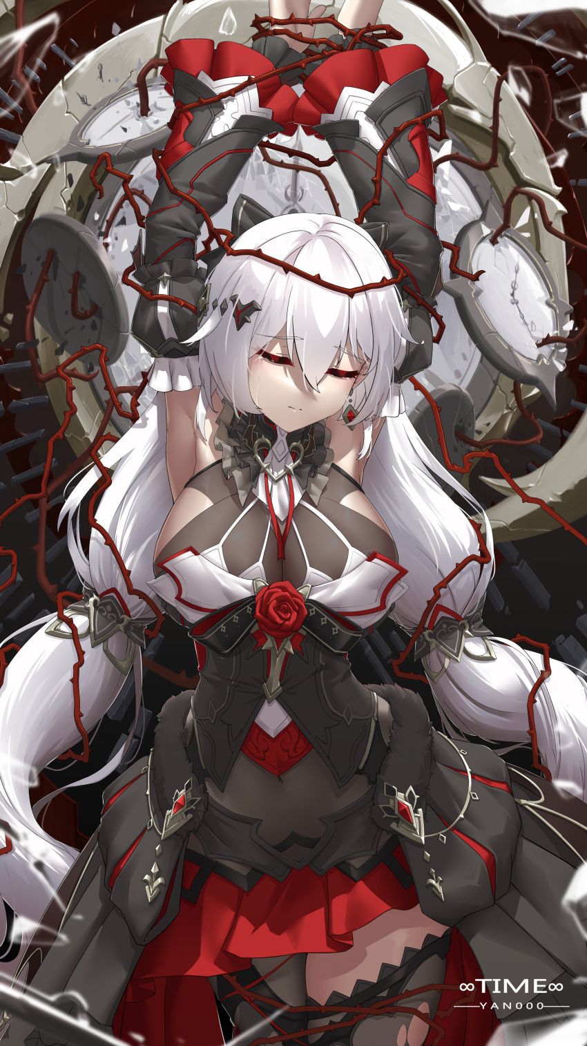 1girl absurdres armpits arms_up artist_name bare_shoulders black_dress black_thighhighs bound breasts chinese_commentary closed_eyes closed_mouth commentary_request detached_sleeves dress flower hair_between_eyes hair_ornament highres honkai_(series) honkai_impact_3rd huge_breasts long_hair red_eyes red_flower red_rose red_skirt rose skirt solo theresa_apocalypse theresa_apocalypse_(luna_kindred) theresa_apocalypse_(lunar_vow:_crimson_love) thighhighs thorns torn_clothes twintails very_long_hair white_hair yan_(unicorn404)