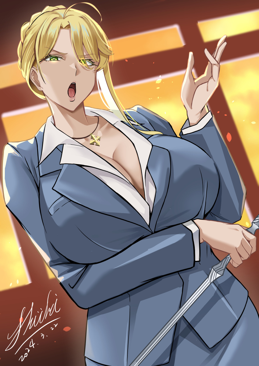 1girl absurdres artoria_pendragon_(fate) artoria_pendragon_(lancer)_(fate) blonde_hair blue_jacket blue_skirt breasts cleavage fate/grand_order fate_(series) green_eyes highres jacket jewelry large_breasts long_hair long_sleeves looking_at_viewer necklace open_mouth pointer shiki_(love-saber) skirt solo