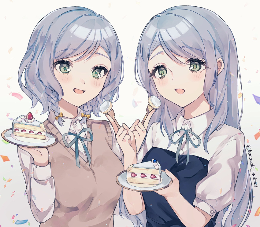 2girls aqua_hair aqua_ribbon bang_dream! blush bow braid brown_sweater_vest cake collared_shirt commentary confetti dress_shirt food fork green_eyes hair_between_eyes hair_bow happy_birthday highres hikawa_hina hikawa_sayo holding holding_fork holding_plate long_hair long_sleeves looking_at_viewer multiple_girls neck_ribbon open_mouth plate ribbon sakurahara shirt short_hair siblings side_braids sisters sweater_vest twins twitter_username upper_body white_shirt yellow_bow