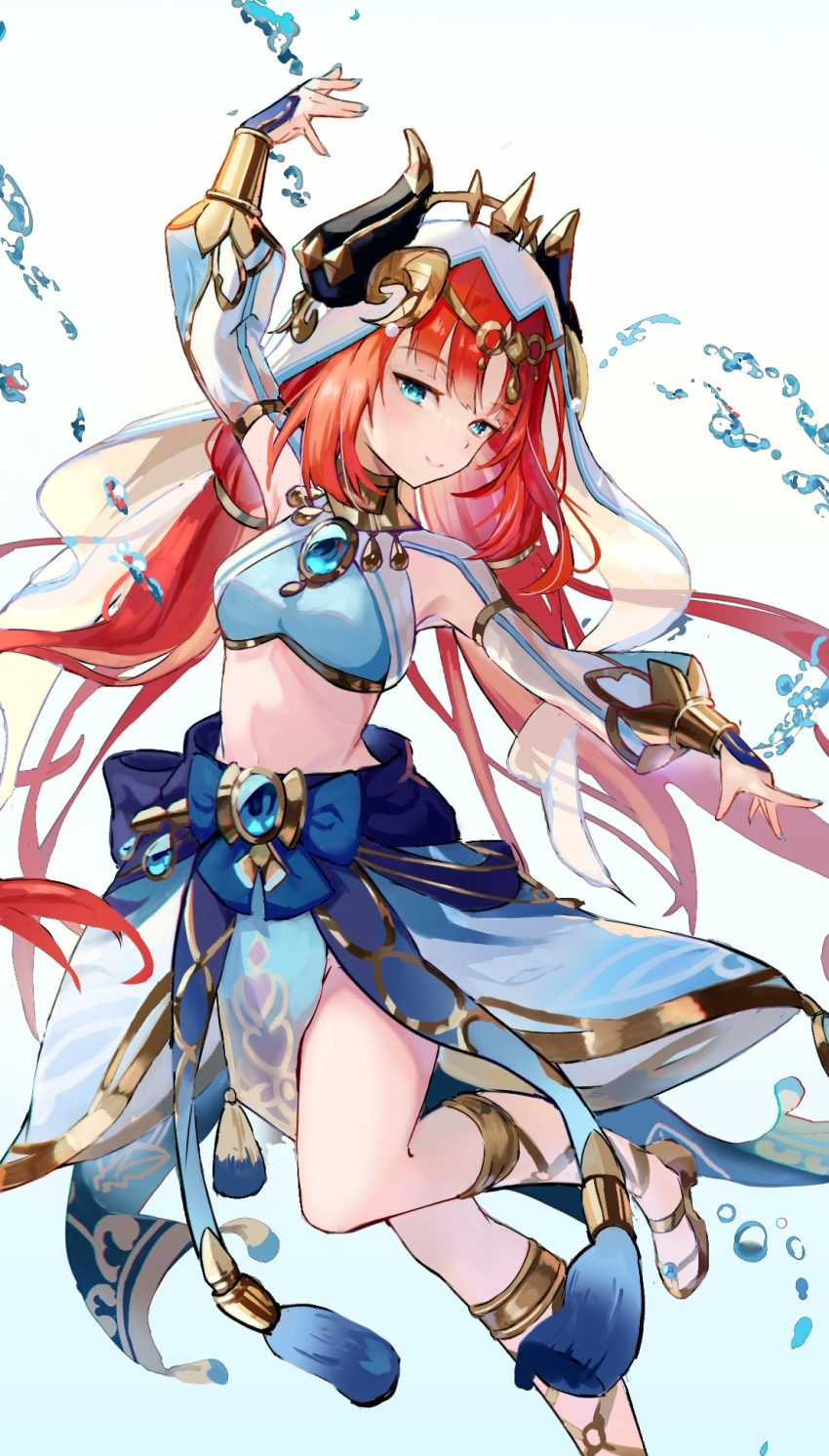 1girl aqua_eyes arm_up blue_background blue_eyes blue_gemstone blue_skirt bracer breasts brooch circlet closed_mouth crop_top dancer detached_sleeves fake_horns foot_out_of_frame fuji_sakura full_body gem genshin_impact gladiator_sandals gold_footwear gold_trim harem_outfit highres horns jewelry leg_up long_hair long_sleeves looking_at_viewer low_twintails medium_breasts midriff navel neck_ring nilou_(genshin_impact) parted_bangs puffy_long_sleeves puffy_sleeves red_hair sandals simple_background skirt smile solo standing standing_on_one_leg stomach thighs twintails two-tone_background veil water water_drop white_background white_hat white_veil