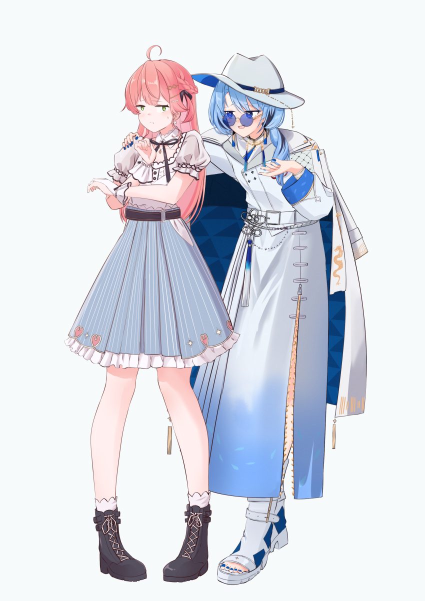 2girls absurdres ahoge alternate_costume belt black_footwear black_ribbon blue-tinted_eyewear blue_eyes blue_hair blue_nails blue_skirt boots braid breasts cape chamomile_(kazumasa) closed_mouth coat coat_on_shoulders cross-laced_footwear crossed_arms dress floral_print frilled_skirt frilled_sleeves frills full_body green_eyes hair_ornament hair_ribbon hand_on_another's_shoulder hat high_heels highres hololive hoshimachi_suisei jacket jacket_on_shoulders jewelry long_hair long_skirt long_sleeves looking_at_another multiple_girls nail_polish neck_ribbon pink_hair platform_footwear puffy_short_sleeves puffy_sleeves ribbon sakura_miko sandals shirt short_sleeves simple_background skirt socks standing star_(symbol) sunglasses tinted_eyewear toenail_polish toenails virtual_youtuber white_background white_belt white_cape white_coat white_footwear white_hat white_jacket white_shirt white_skirt