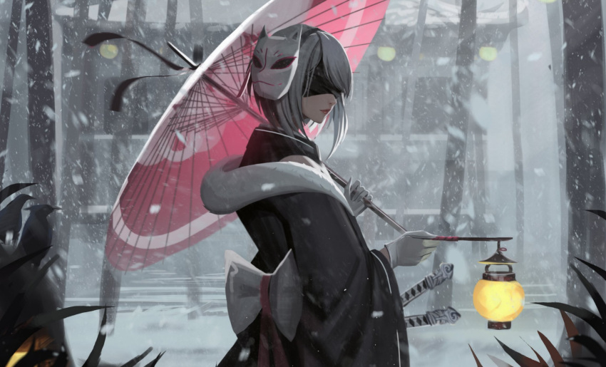 1girl 2b_(nier:automata) bird black_blindfold blindfold covered_eyes gloves highres japanese_clothes katana kimono lantern lipstick makeup mask neo_(neorarty3) nier:automata nier_(series) short_hair snow solo sword umbrella weapon white_hair